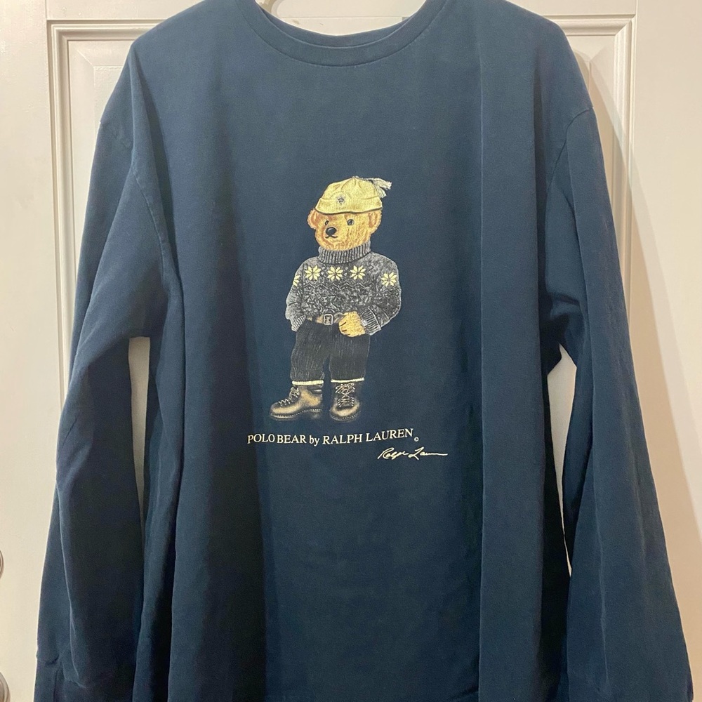 Vintage Ralph Lauren Polo Bear Spell Out Long Sleeve Tee Shirt Navy XXL